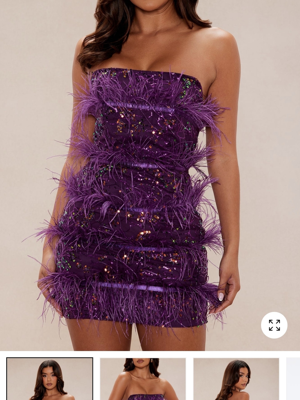 Strapless Purple Sequin Feather Mini Dress